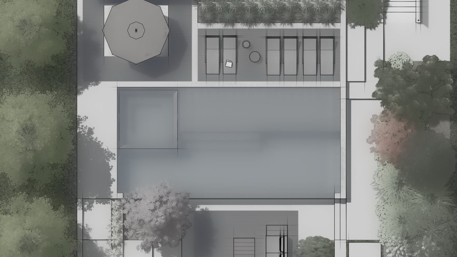 Plan view of a modern Ancaster pool and patio layout
