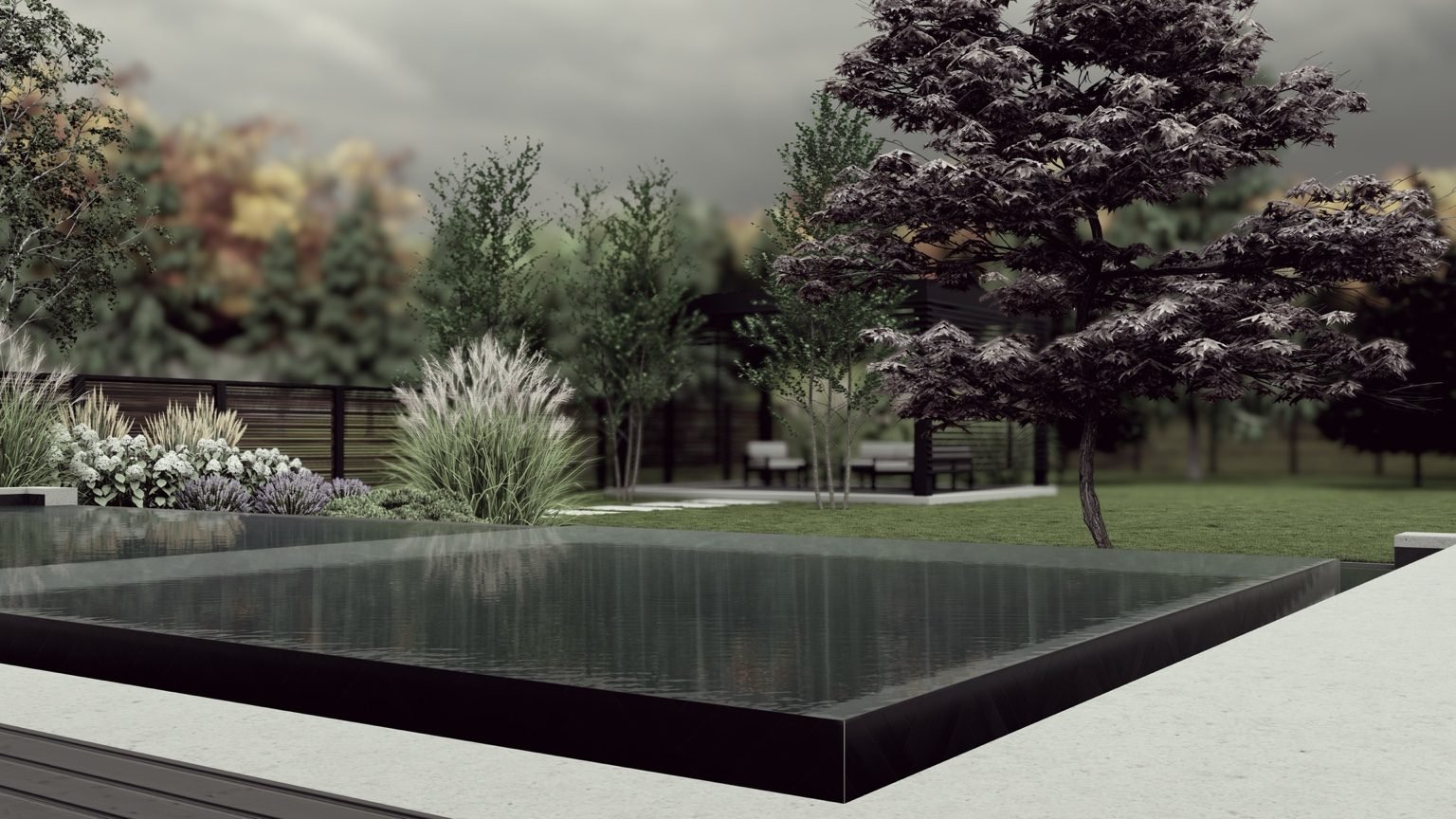 Modern Ancaster backyard with pool and lounge zone at dusk